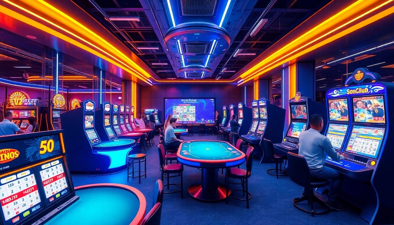 Experience the excitement of Sonclub with vibrant gaming stations and a lively atmosphere.