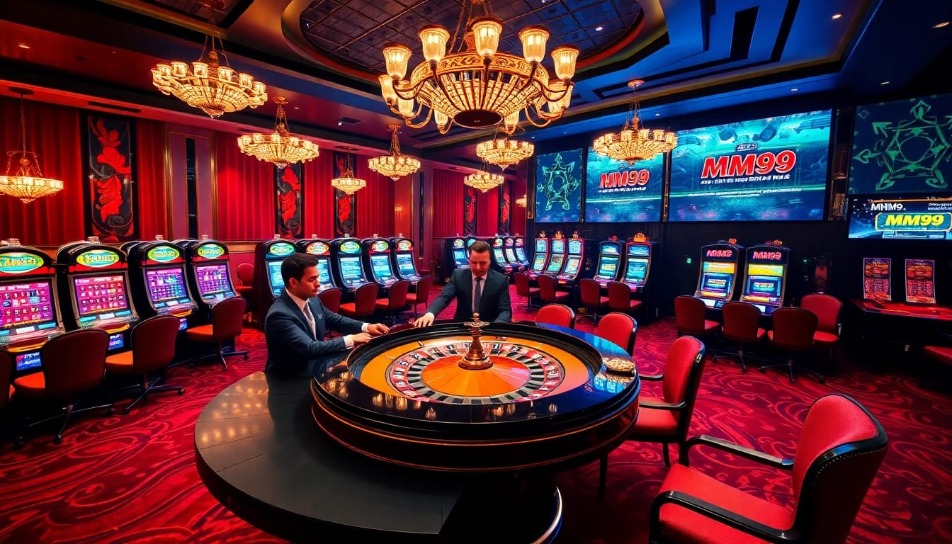 Players enjoying a thrilling roulette game at MM99 casino, surrounded by vibrant slot machines.