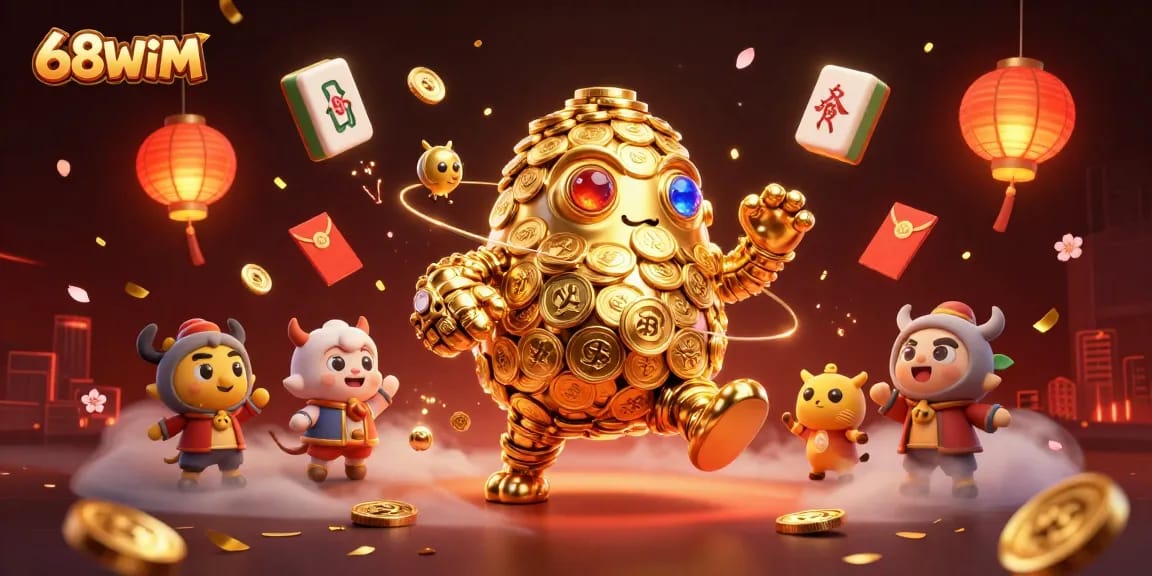 Experience thrilling gameplay with 68WIM and symbolize prosperity with golden coins and festive decorations.