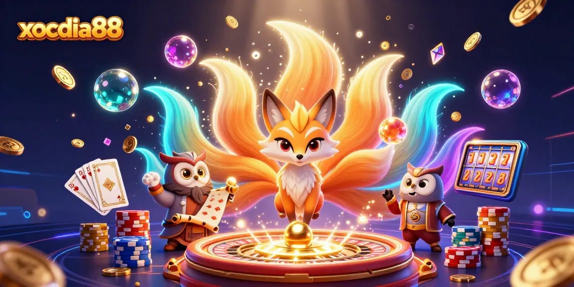 Xocdia88 showcases a vibrant, action-packed scene with a nine-tailed fox spirit, owl sage, and casino elements.