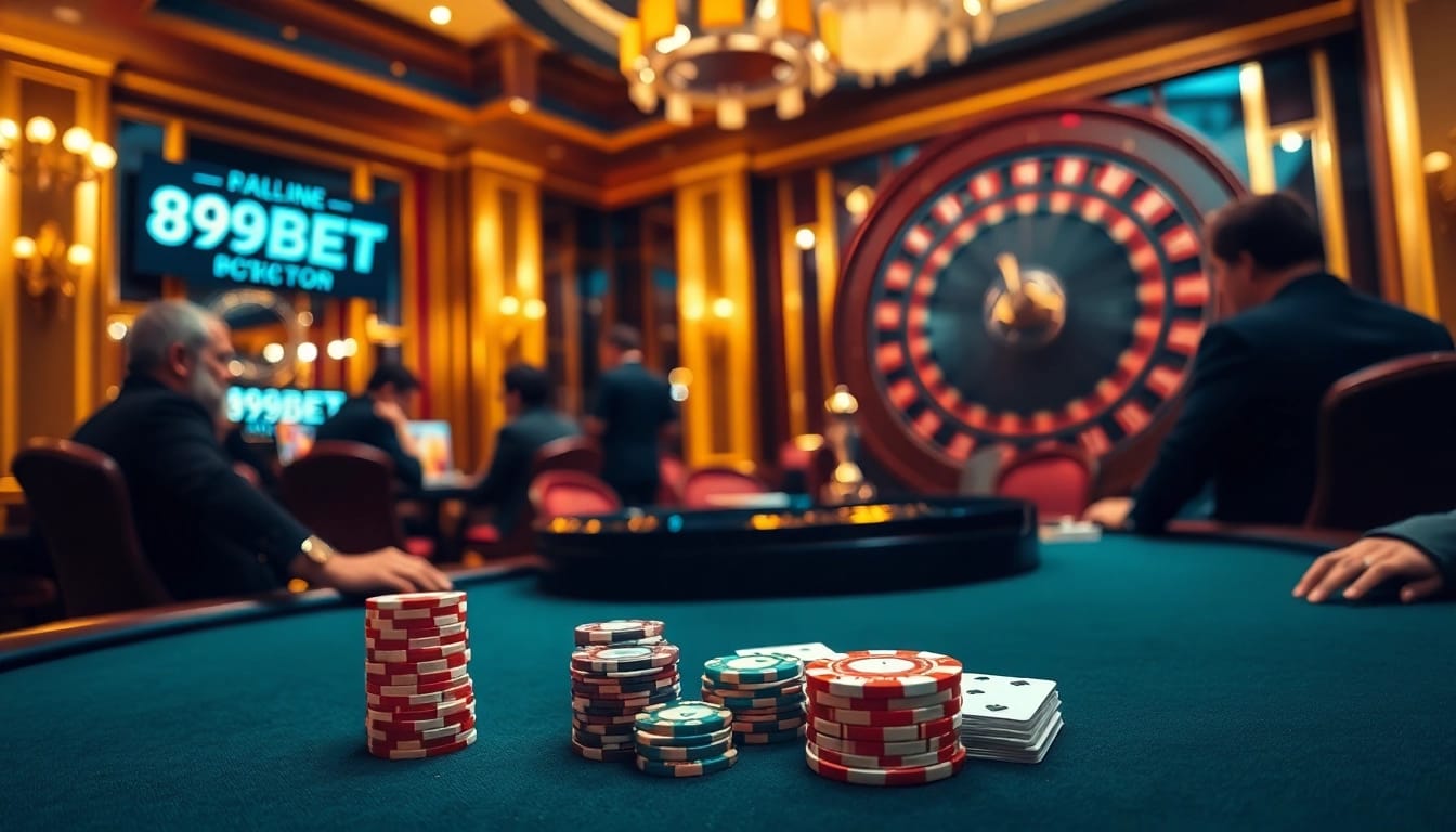 Intense poker game at 89BET casino showcasing strategic play with chips and cards.