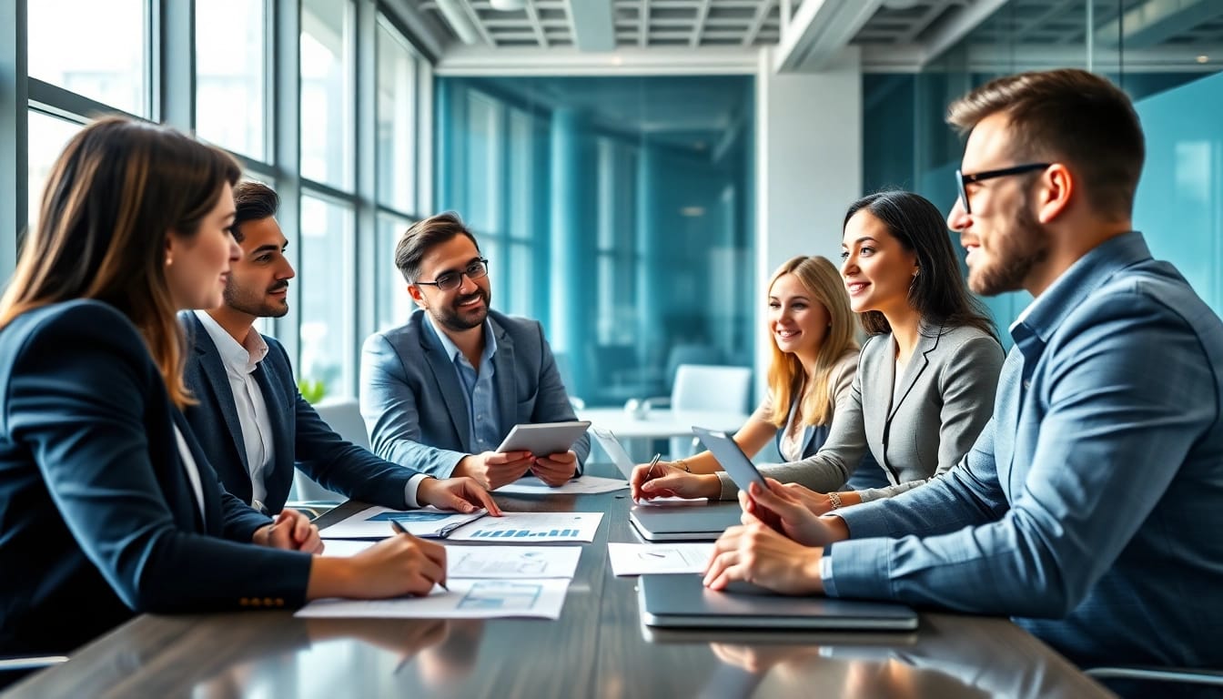 Mergers and acquisitions in the US discussed by diverse business professionals in a modern office.