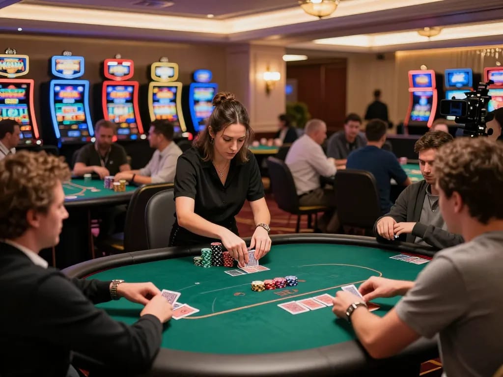 Players strategize and engage in poker games at Sanclub in a lively casino atmosphere.