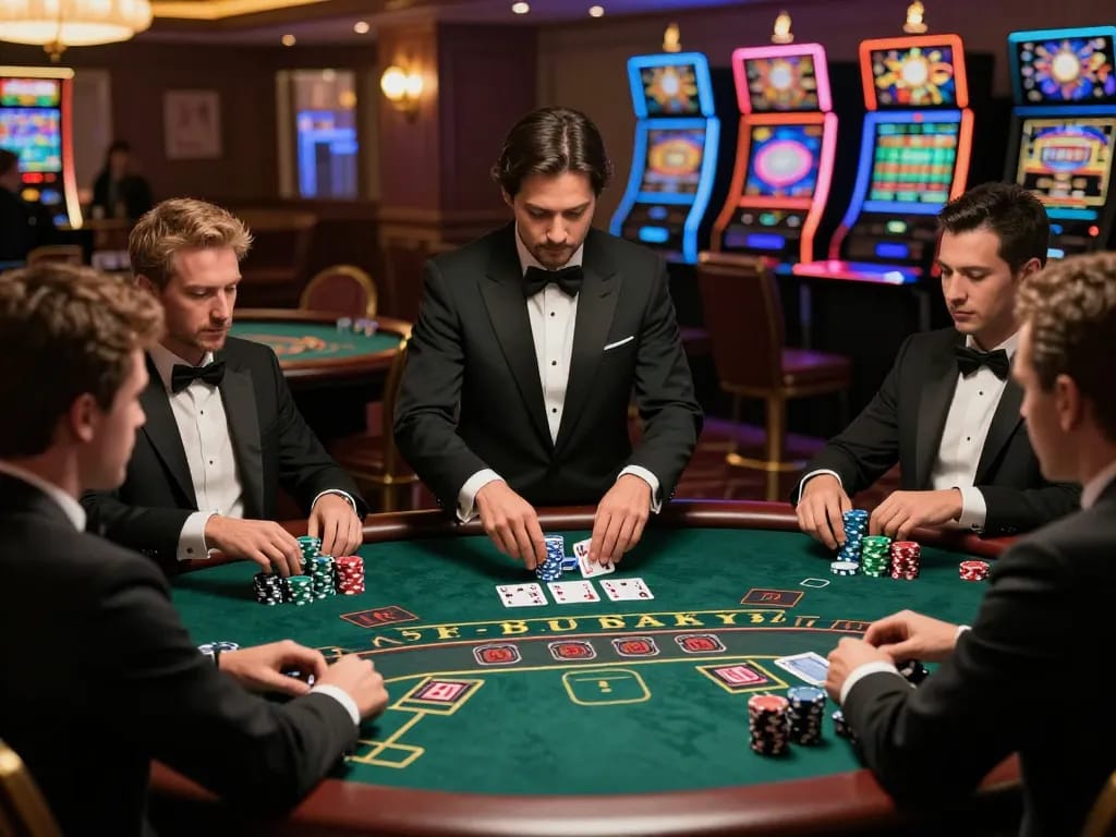 Hitclub players engaged in intense blackjack strategy with chips at a high-stakes table