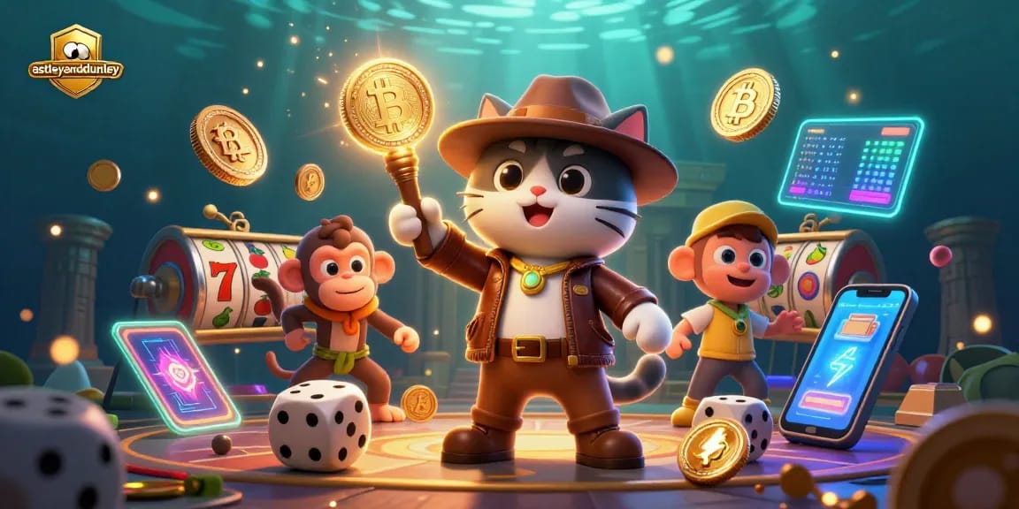 Engage with astleyanddunley at this vibrant, adventurous casino scene featuring an archaeologist cat and a monkey.