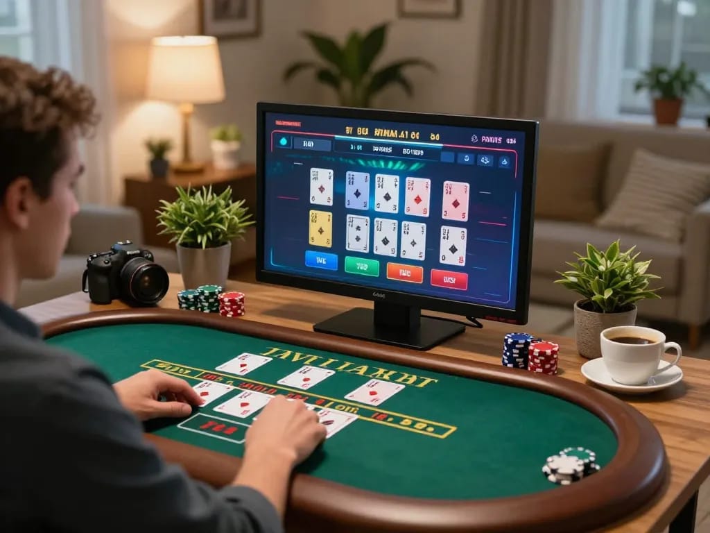 77bet player enjoying a live dealer blackjack game on a computer at home, engaging in online gambling.