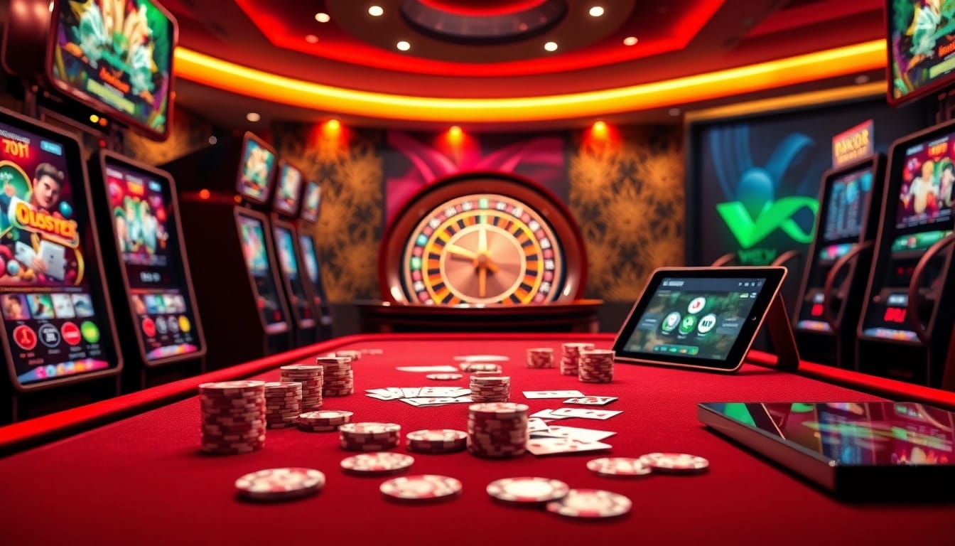A lively casino scene illustrating a dynamic online gambling experience at https://bem88.com with vibrant games and betting elements.