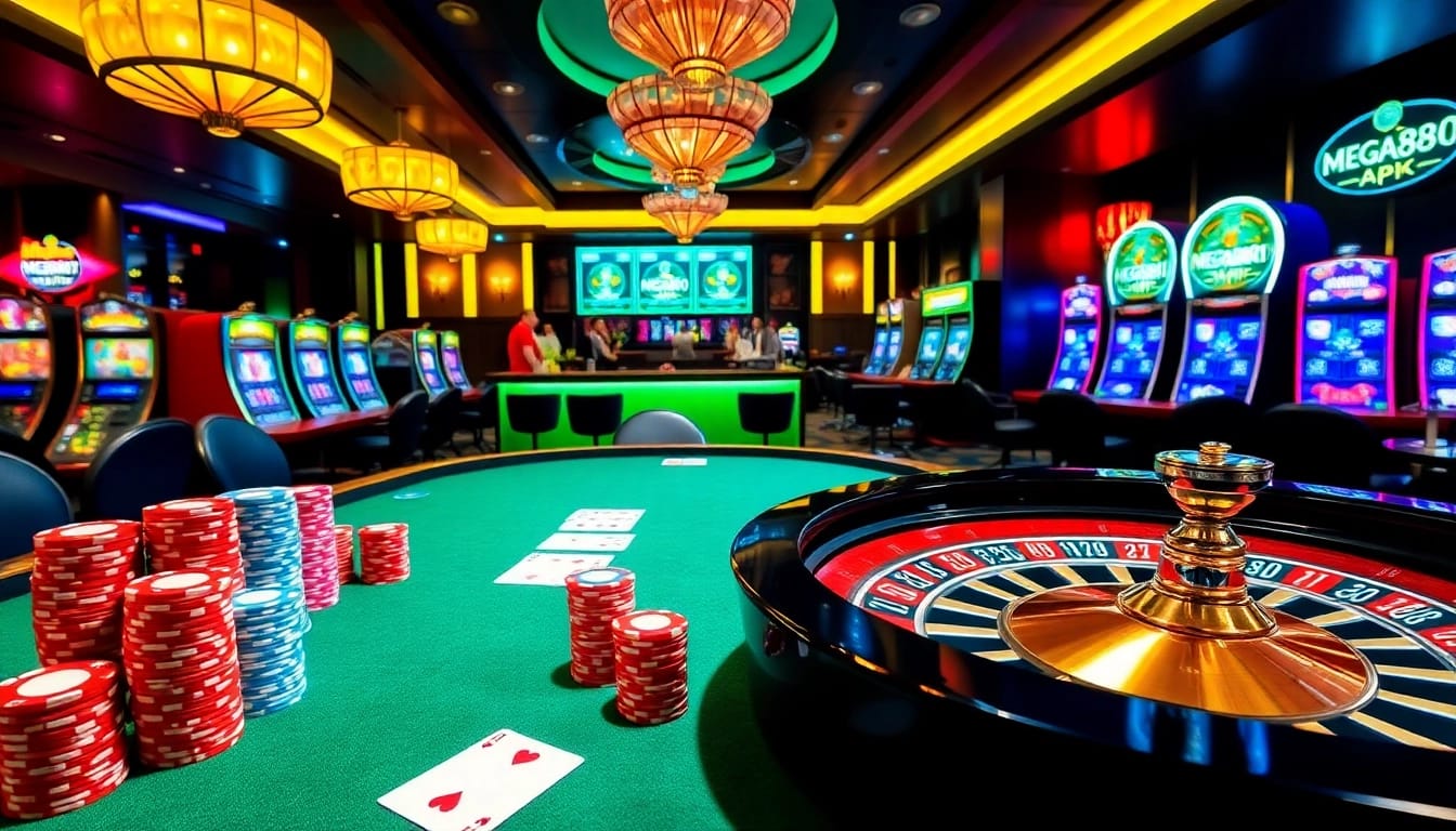 Experience the thrill of gaming with mega888.apk showcased at an upscale casino table.