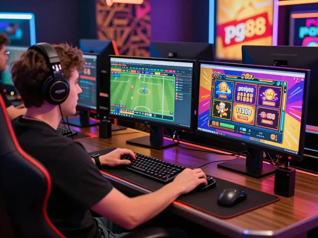 pg88 online gambling environment with player engaging in live casino games and sports betting.