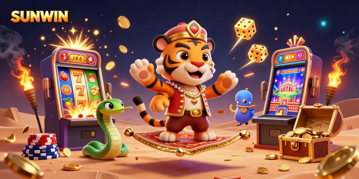 SUNWIN offers thrilling casino excitement with colorful slot machines and a vibrant game lobby in a magical scene.