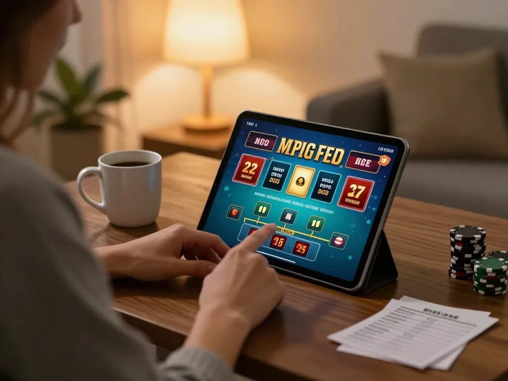 Engaging online casino gameplay at https://play-hbet.com/ with a live dealer on a tablet in a cozy home setting.