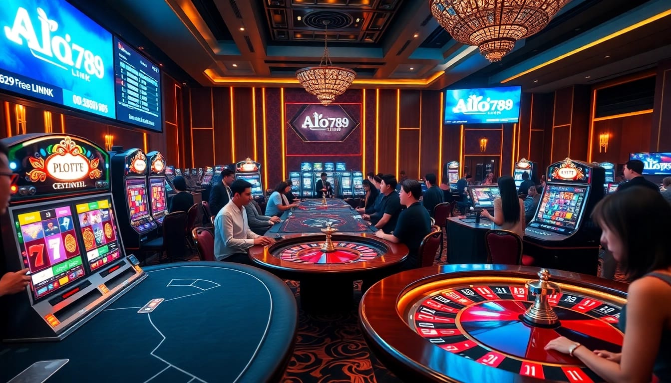 A vibrant casino scene showcasing the Alo789 Link with poker tables, slot machines, and excited players.