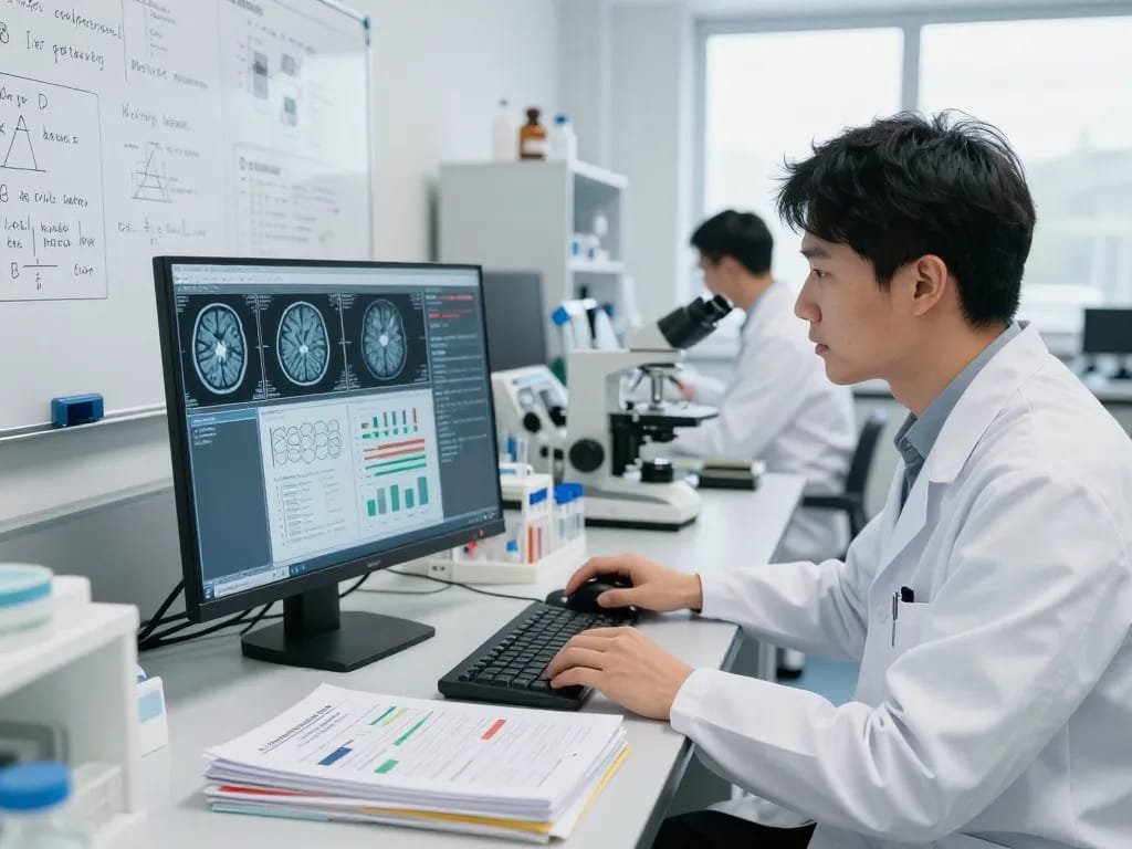 Research scientist at https://nddo.org analyzing brain data in a modern lab.