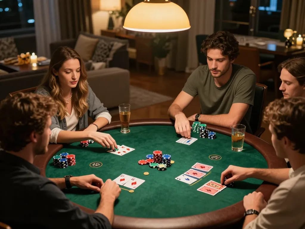 Sunwin poker night with friends analyzing cards and chips in a cozy home atmosphere.