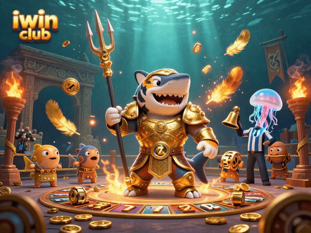 Experience the excitement of iwin club's underwater slots with a triumphant tiger shark!