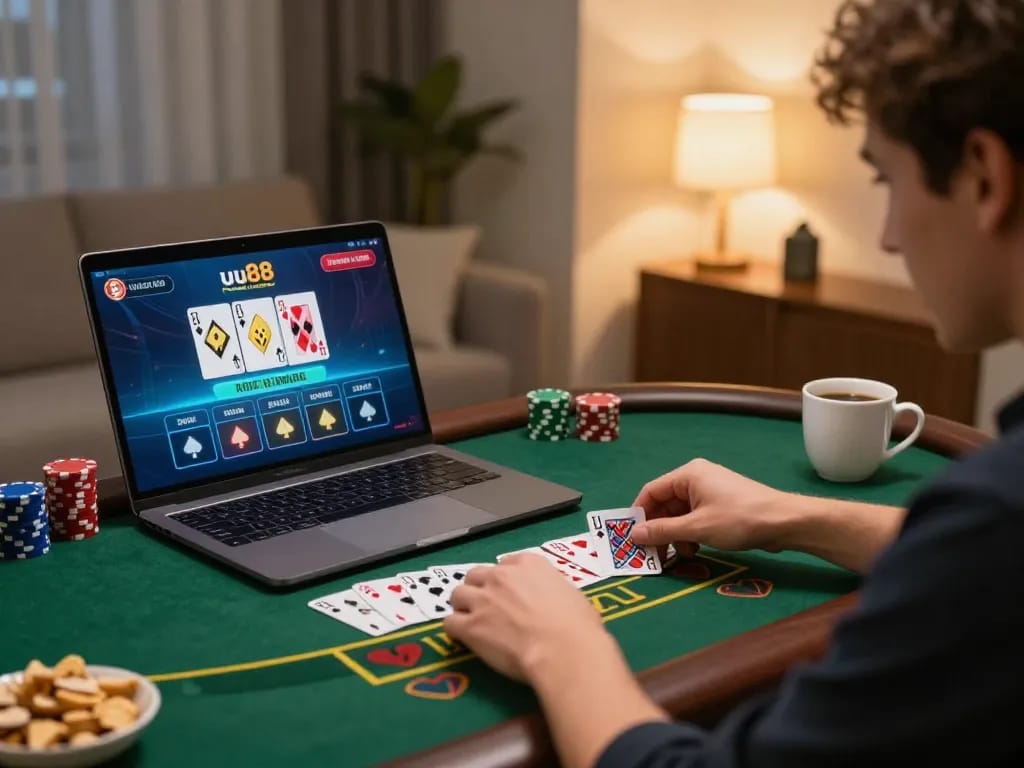 Player engaging in live blackjack on uu88 at home, showcasing strategic gameplay and excitement.