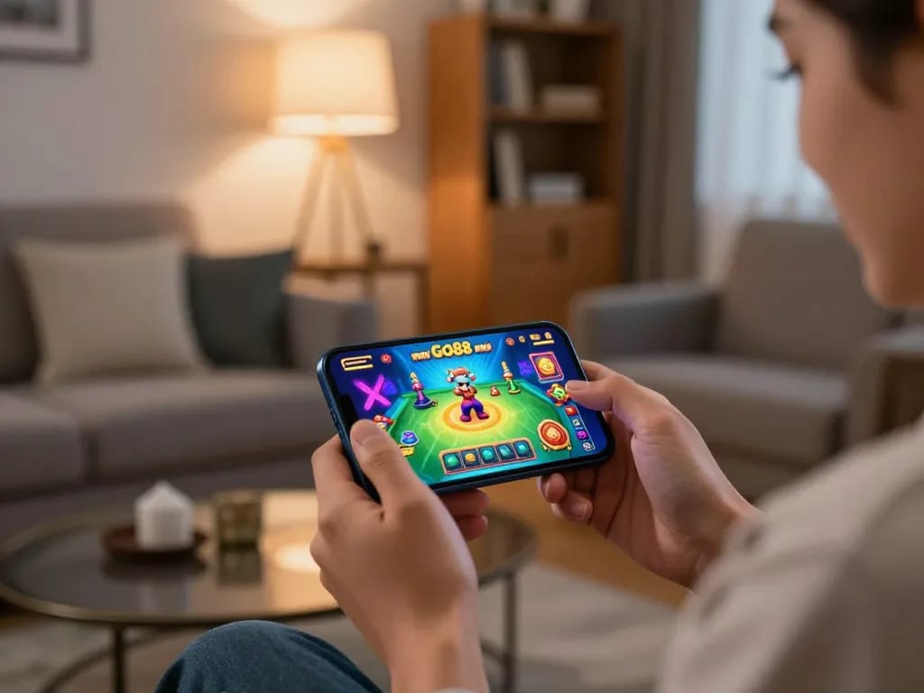 Engaging in fun gameplay on the Go88 mobile casino app in a cozy home setting.