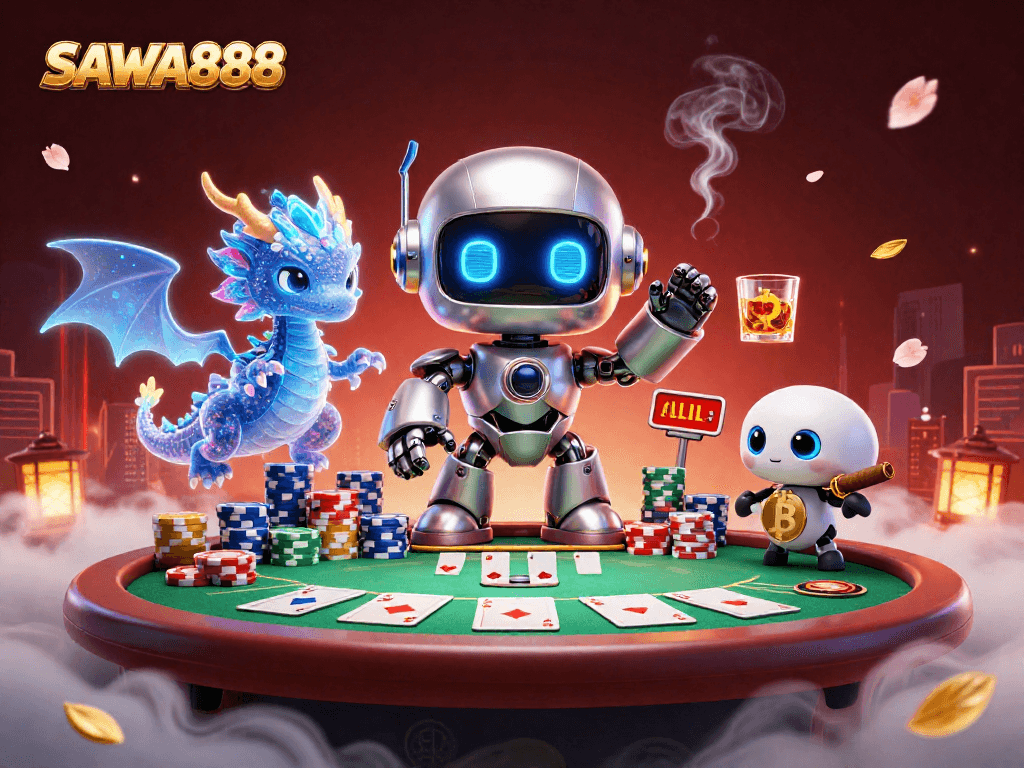Experience thrilling action at SAWA888 with a cyberpunk robot mascot and poker elements in a vibrant scene.