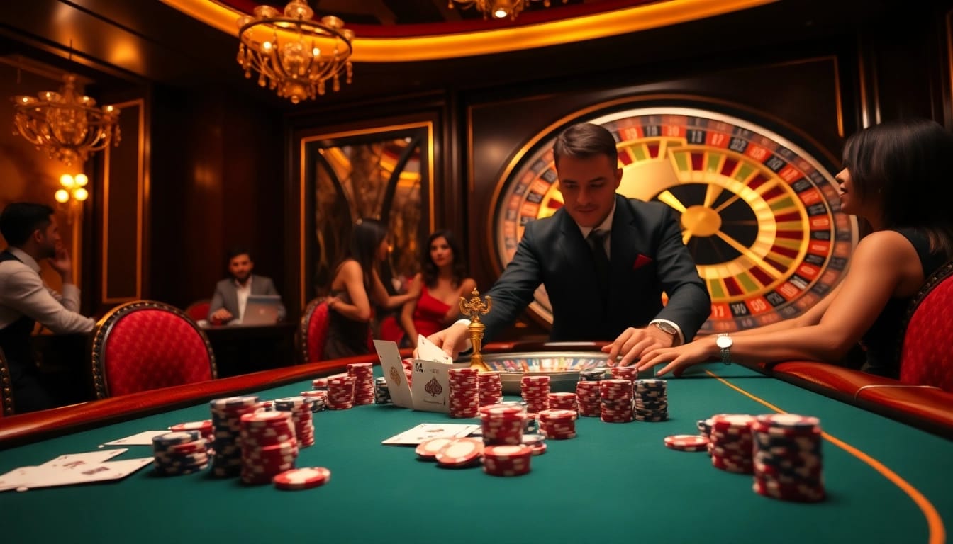 Experience the thrilling action at http://98wintt.com/ with a lively poker table scene showcasing players and casino elements.