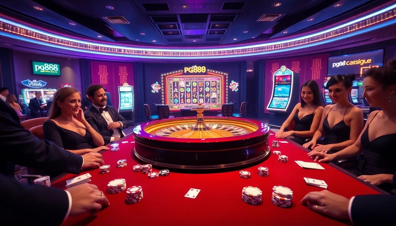 Players placing bets at a luxurious casino table, showcasing excitement with pg888 branding.