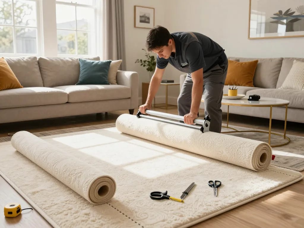 Home carpet fitting services with a professional installer laying plush carpet in a stylish living room.