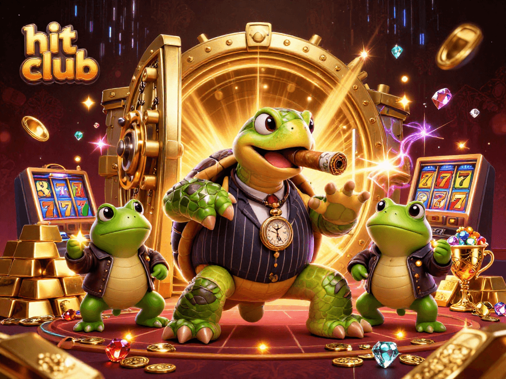 Hit club features a turtle mobster surrounded by gold and slot elements in vibrant casino scene.