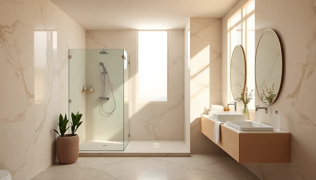 Experience luxury with elegant showers in a modern bathroom setting, featuring chrome fixtures and natural light.