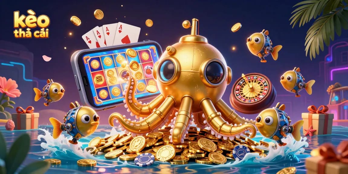 Engage with kèo nhà cái in a vibrant 3D scene showcasing a kraken submarine, coins, and gaming elements.