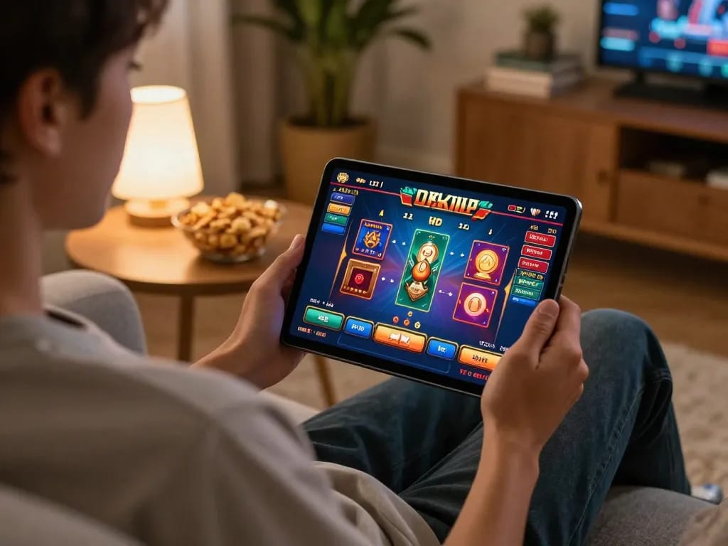 Engaging online gaming experience on https://555winz.net/ with vibrant tablet interface in a cozy home setup.