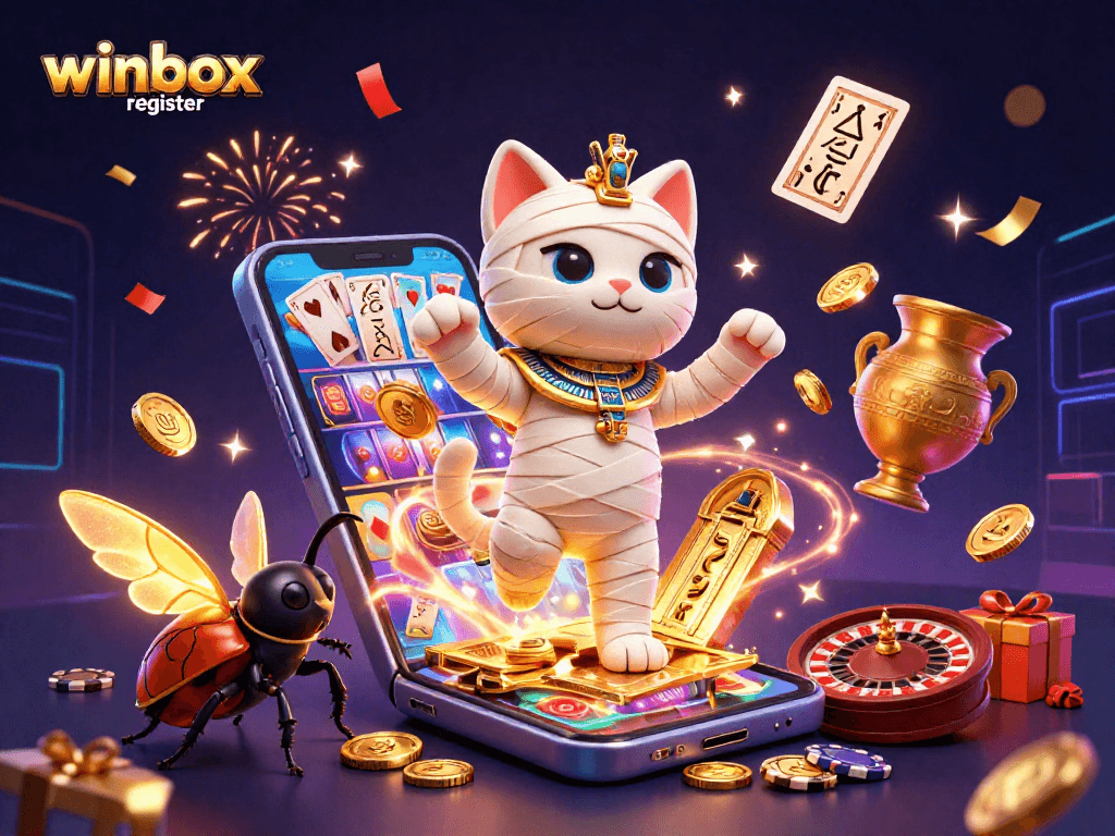 Winbox register: Enjoy vibrant casino fun with a mummy cat and scarab beetle amidst exciting games.