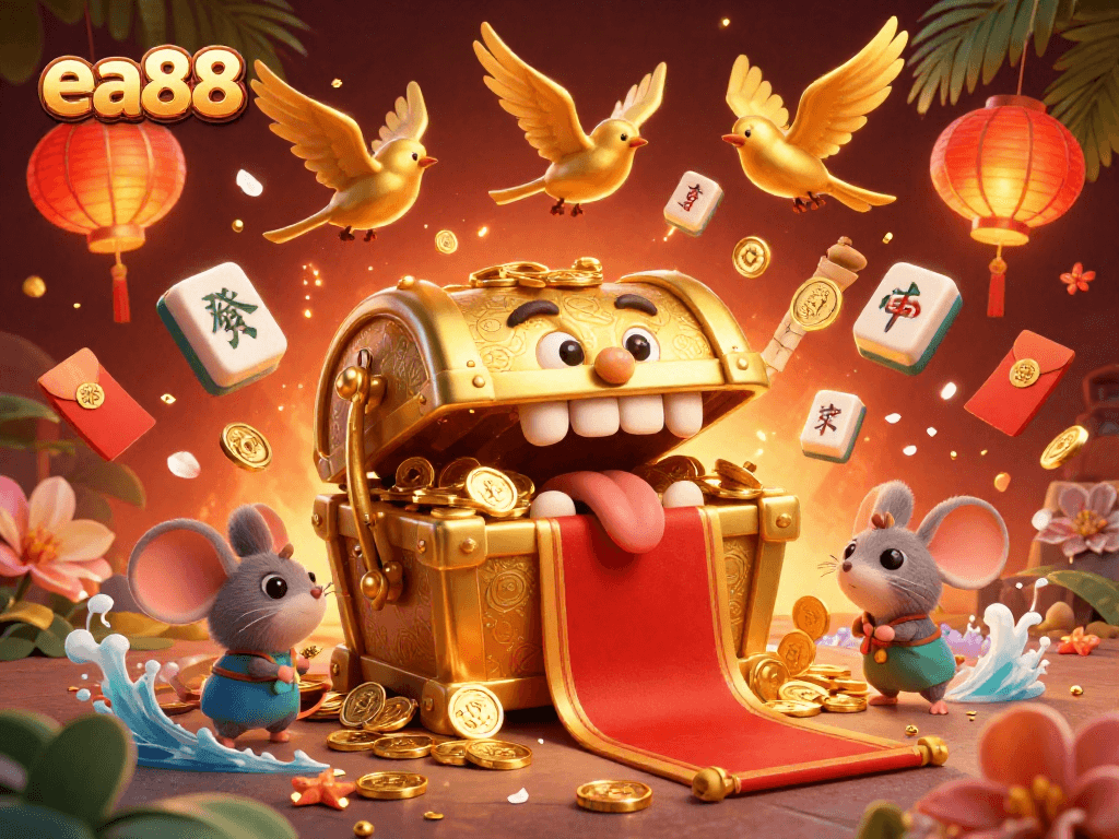 ea88's vibrant gaming scene showcases fortune with gold treasures and lively game elements.