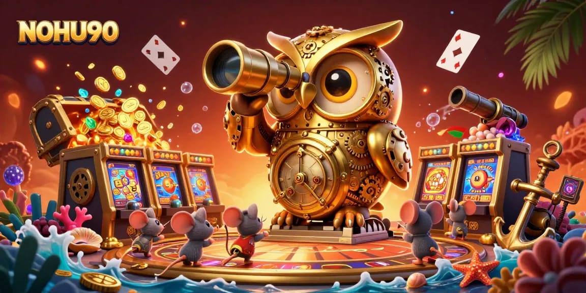 Spin the reels at NOHU90 with an enchanting owl overseeing a vibrant casino scene full of treasures.