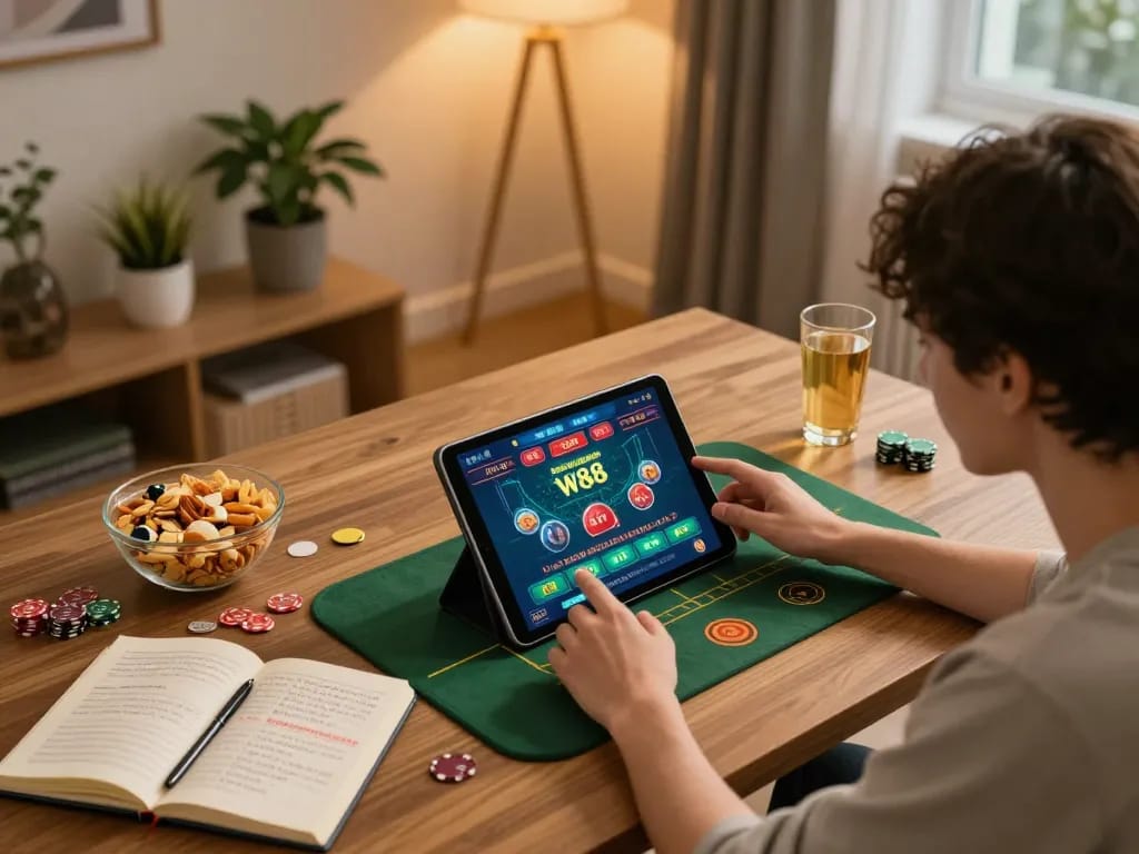 Engaging with link w88, a player explores online casino games on a stylish tablet in a cozy home environment, highlighting strategic gameplay.