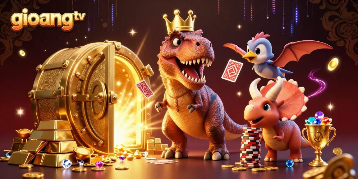Join the excitement of giovang tv as a T-Rex plays cards in a thrilling casino scene.