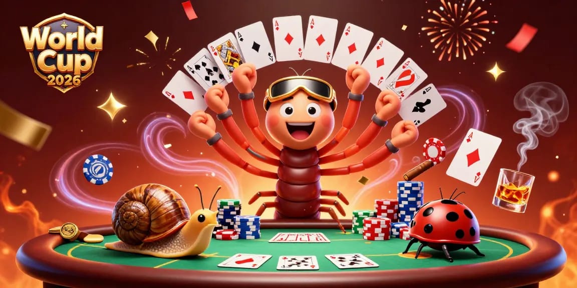 Experience the thrill of World Cup 2026 with a colorful, dynamic poker scene featuring a millipede dealer and high-roller characters.