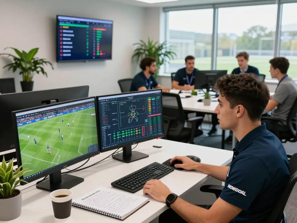 NOWGOAL analyst reviewing live scores and statistics in a vibrant sports analytics office.