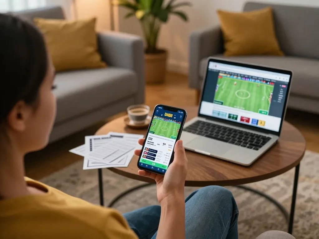 Engaging in DA88 fun sports betting at home with a smartphone and analytics laptop.