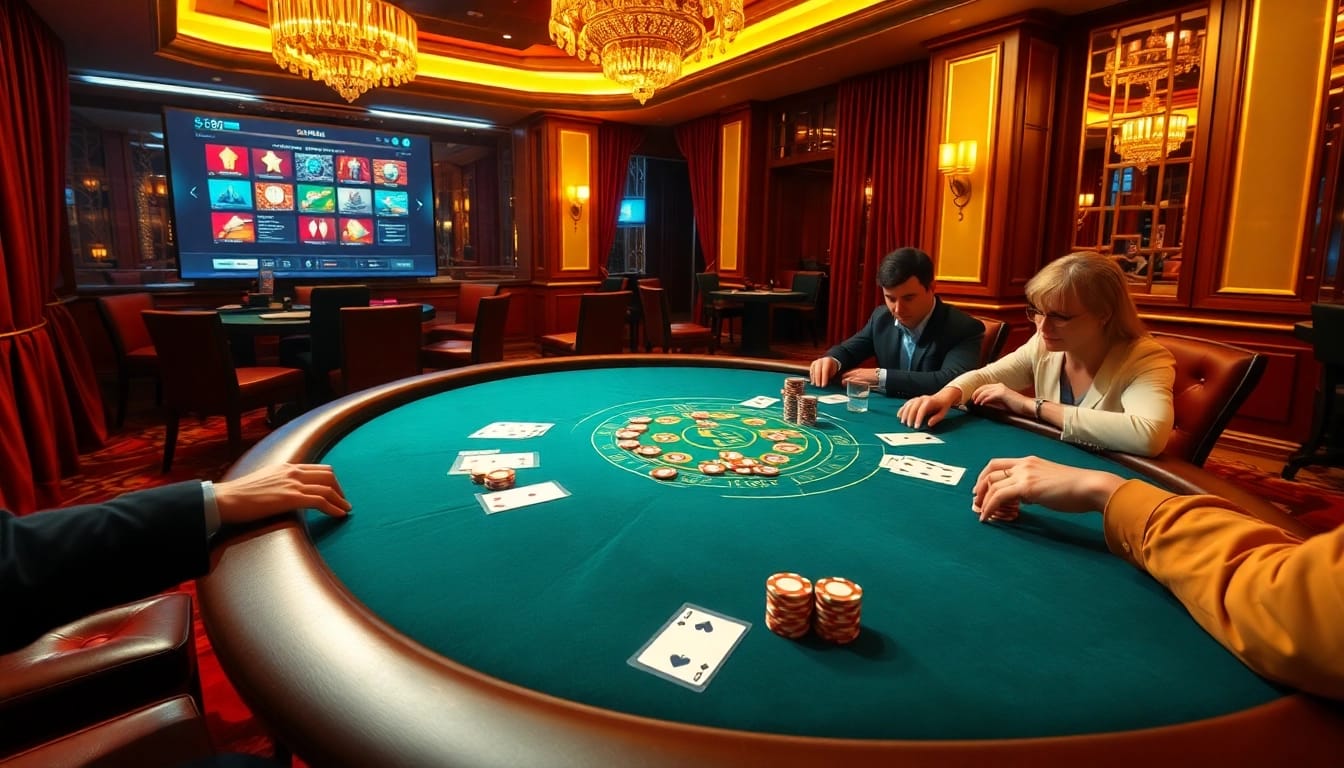 Engage in an exciting poker game at s8 com's luxurious casino, showcasing vibrant chips and cards.