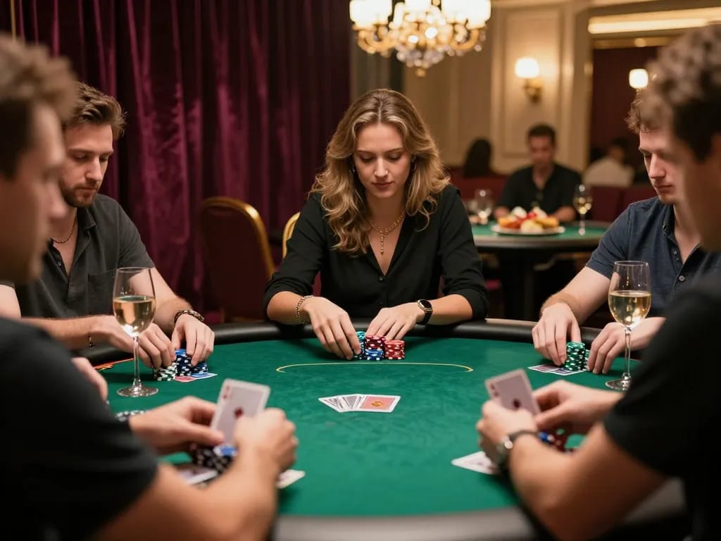 Players engaging in high-stakes poker at Nhà cái SHBET, showcasing chips and cards in a luxurious casino setting.