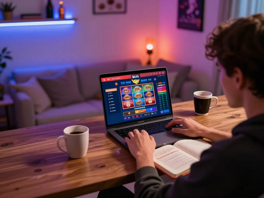 Engaging with ku bet on a laptop, showcasing online casino gaming in a cozy setup