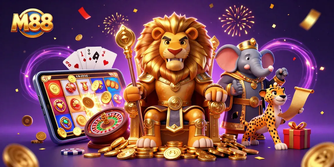 M88 casino illustration with a lion king, an elephant advisor, and a cheetah messenger amidst gaming elements.