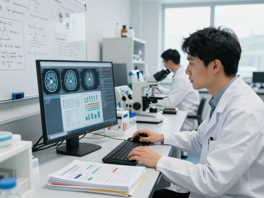 Research scientist at https://nddo.org analyzing brain data in a modern lab.
