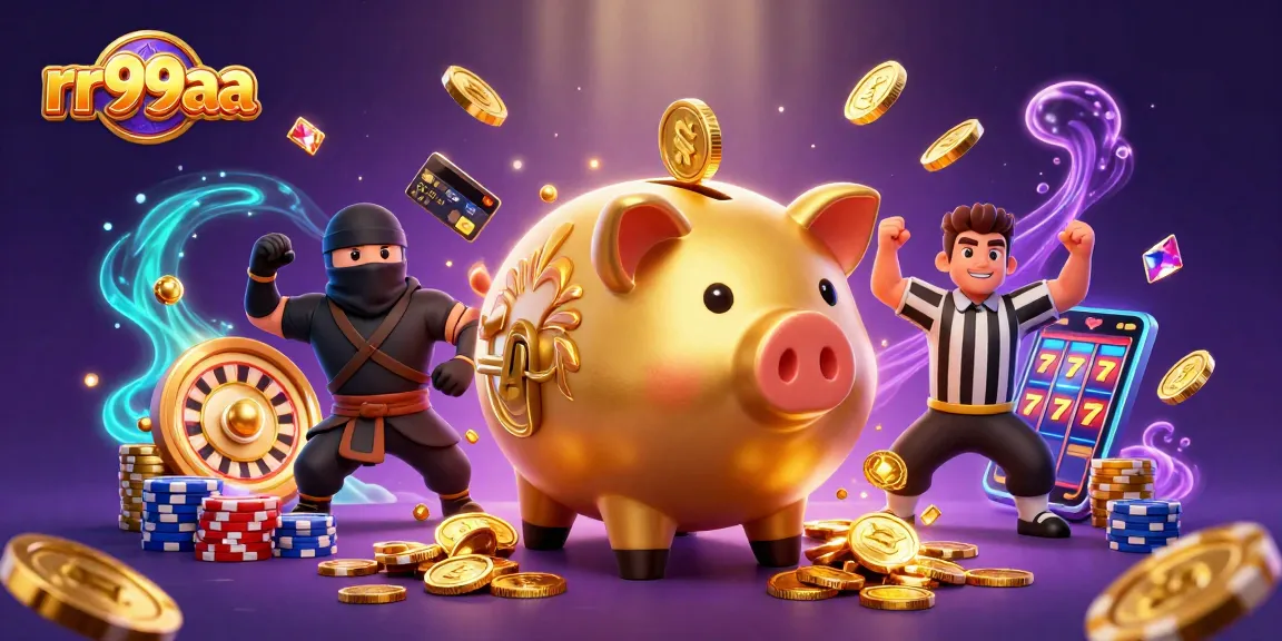 Exciting rr99aa gaming scene showcasing a golden piggy bank sumo wrestler amidst casino elements.