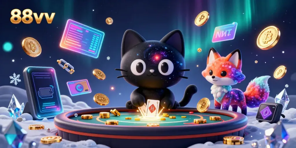 Engage in thrilling gameplay at 88vv's casino, surrounded by dynamic cosmic elements and vibrant characters.