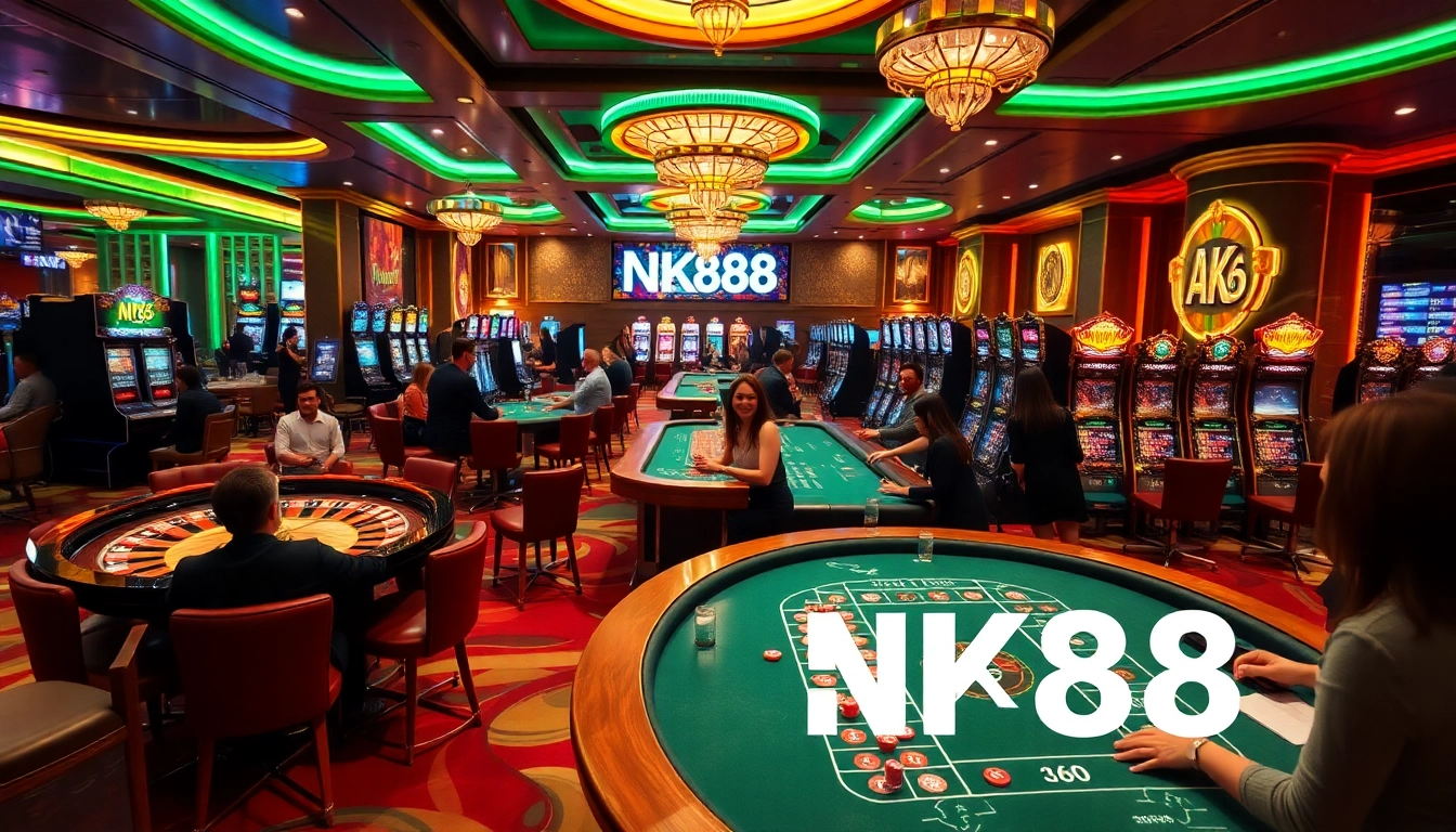 Experience the excitement at NK88 casino with vibrant gaming tables and slot machines.
