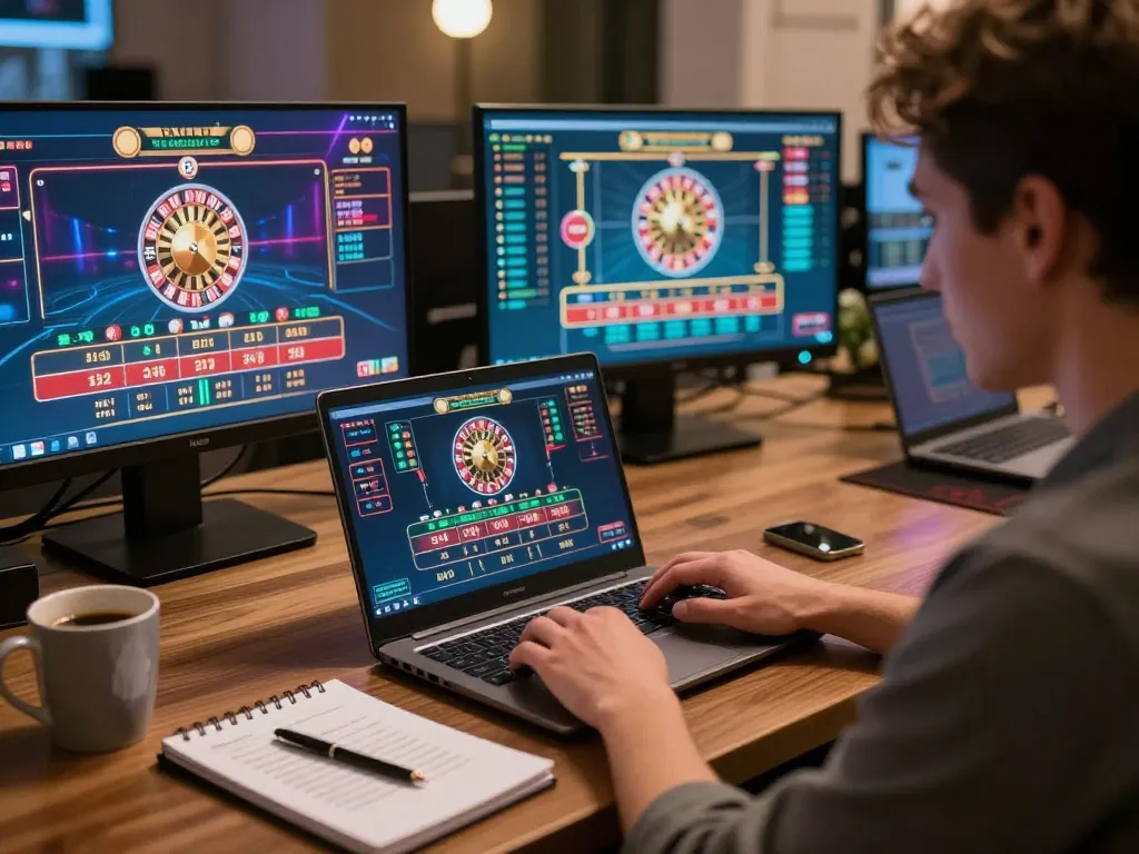 Bong88 user engaging in live dealer casino games on multiple screens in a focused home environment