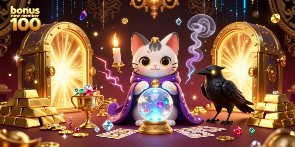 Experience the excitement of the bonus new member 100 with a mystical cat and raven in an engaging casino scene.