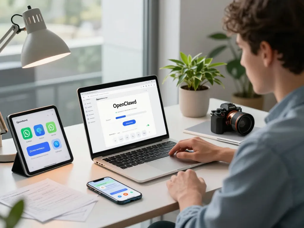 OpenClawd personal AI assistant in a sleek office setup with laptop and messaging app integrations.