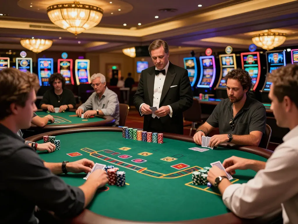 Engaged gamblers analyzing tỷ lệ kèo nhà cái at blackjack tables in a lively casino setting.