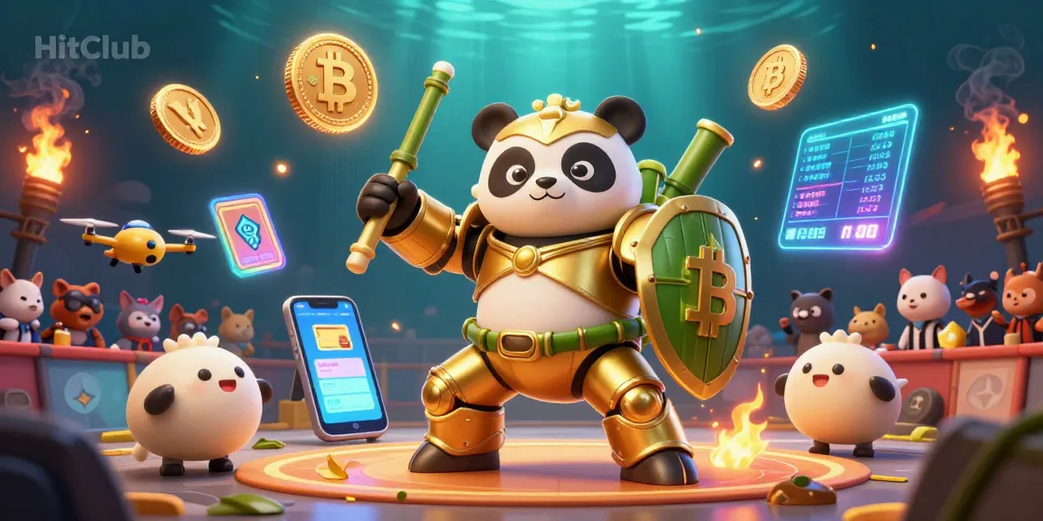 Join the excitement at HitClub as the golden panda pilots a robot amidst a crypto gaming arena.